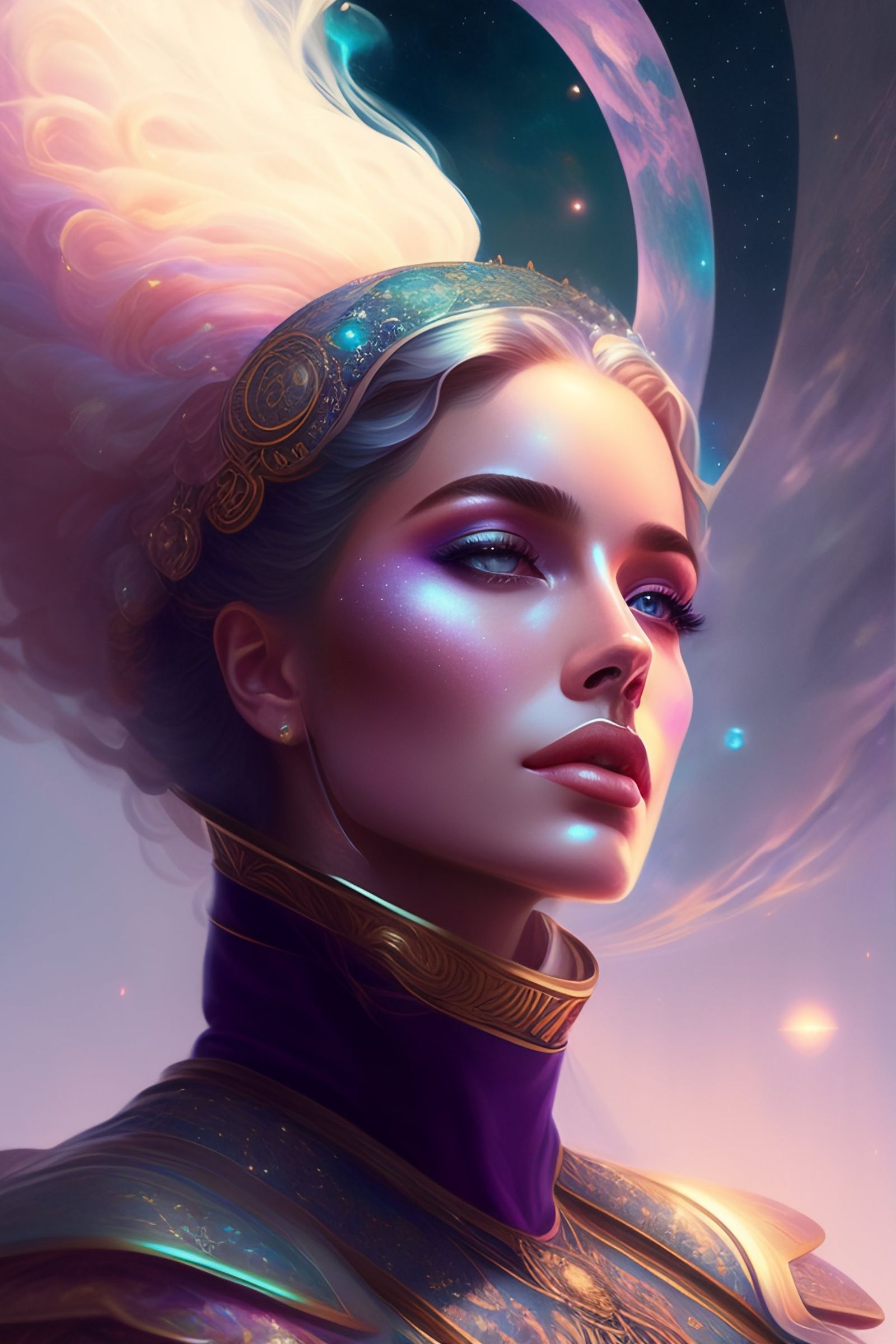 frontal view of stunning high priestess in a purple and golden ritual