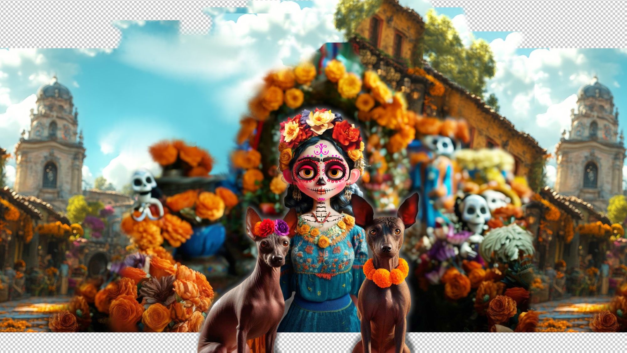 Macro photography dia de muertos in mexico´s village, full of flowes and a church an the back, a girl in te middle looks like a calavera and...