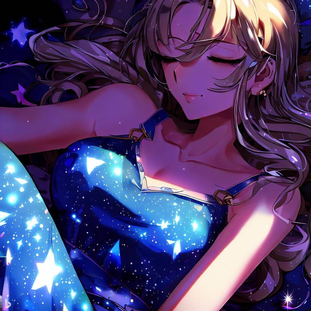 Woman, wearing starry night clothes, sleeping, 