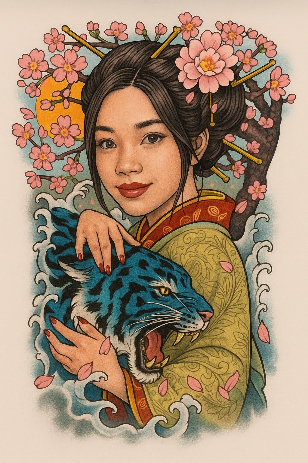 Recrear la imagen del samurai con el estilo de tatuaje neo tradicional japones 
Teniendo dos brazos a la vista sosteniendo la katana, con la...