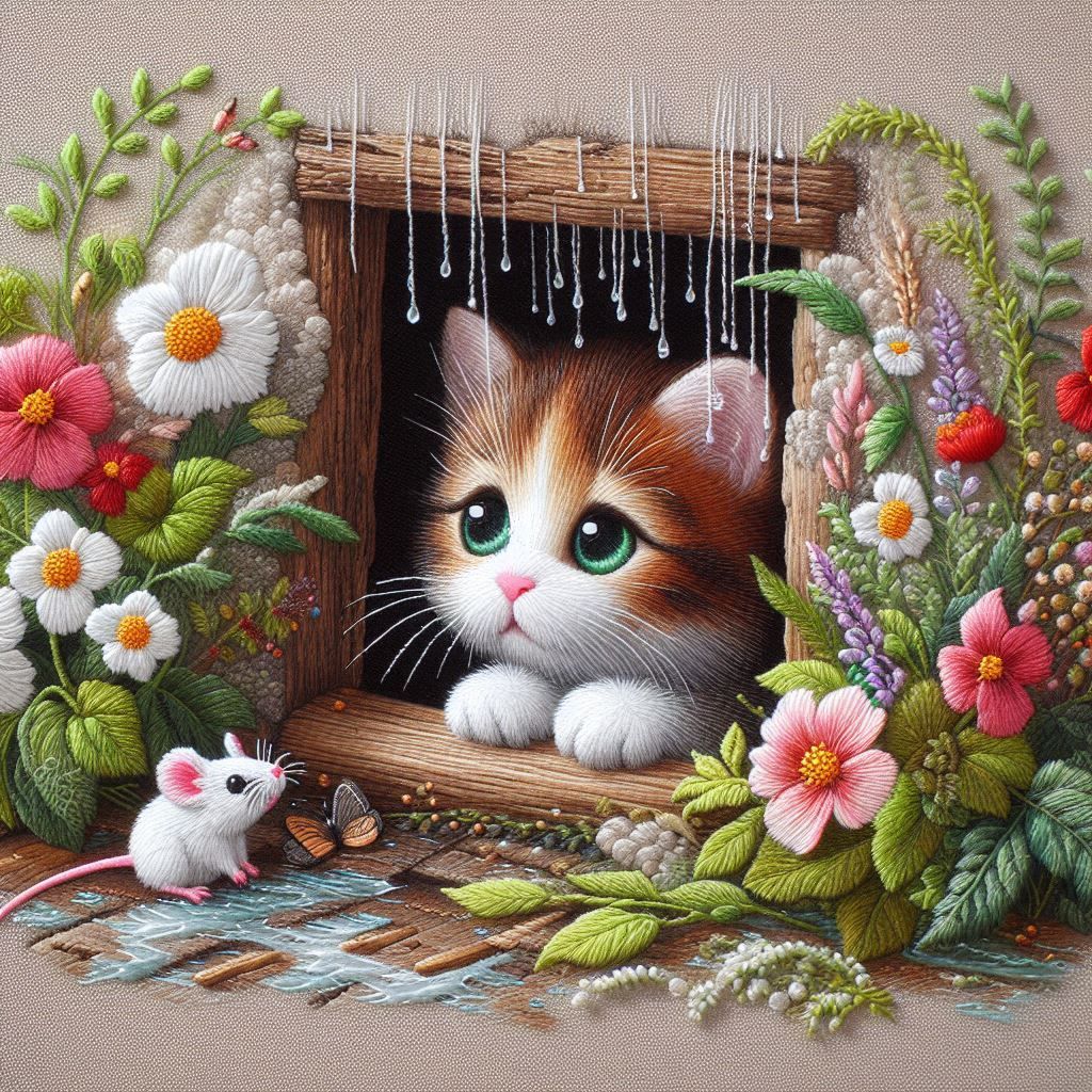 This is an embroidery,what does a cute cat look like while contemplating the mouse?
