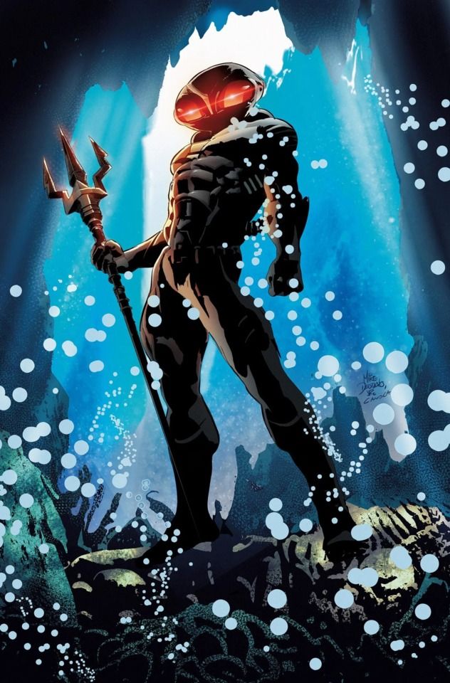 Black Manta with a trident in the rain