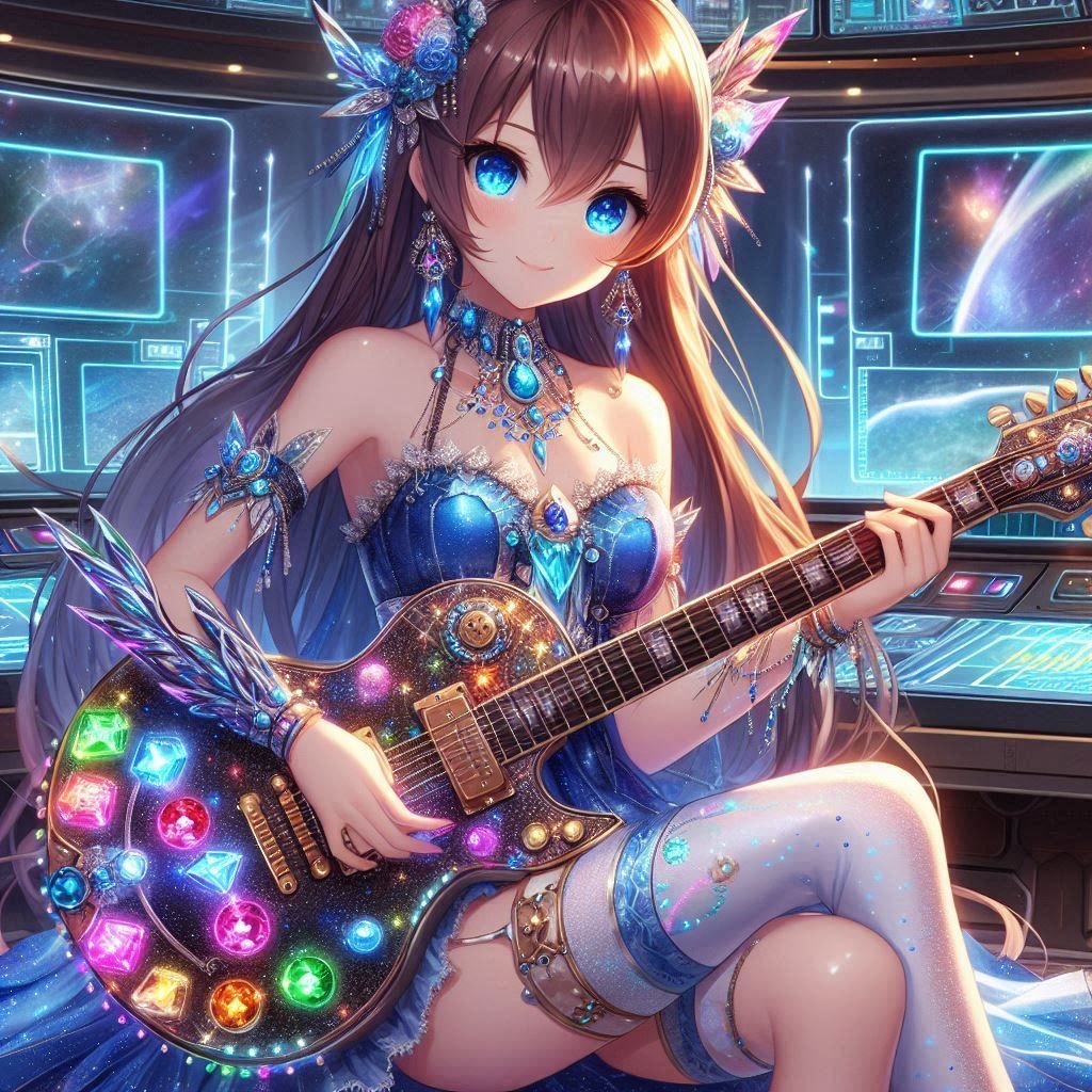 An anime woman with long brown hair and bright blue eyes wearing a sparkling blue dress with gold and silver celestial t...