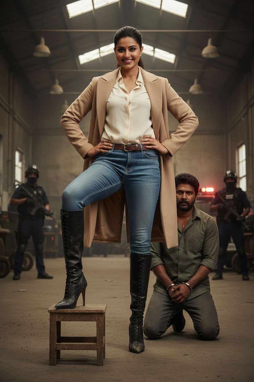 Change this photo to a Lady is standing upright and straight near a man with her one boot on his neck. She is crushing the man against a wal...