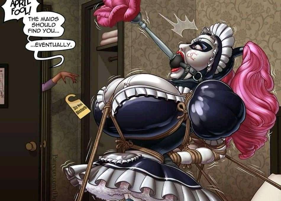 A maid is bound in a closet as a cleaning accessory.