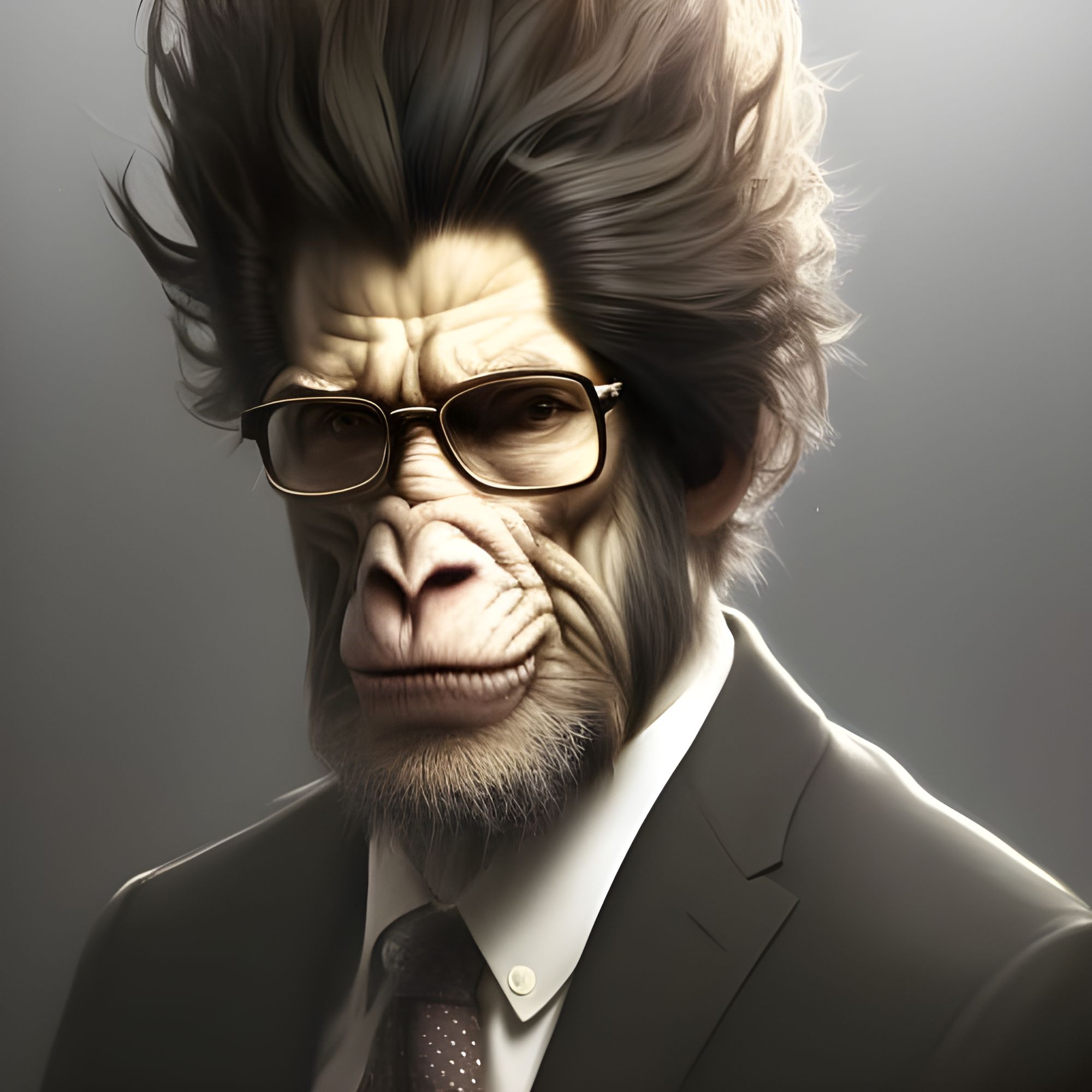 Ape in suit, 16D lighting, surreal fantasy art,16D detailed face head and shoulders portrait, 8k resolution concept art portrait by Greg Rut...