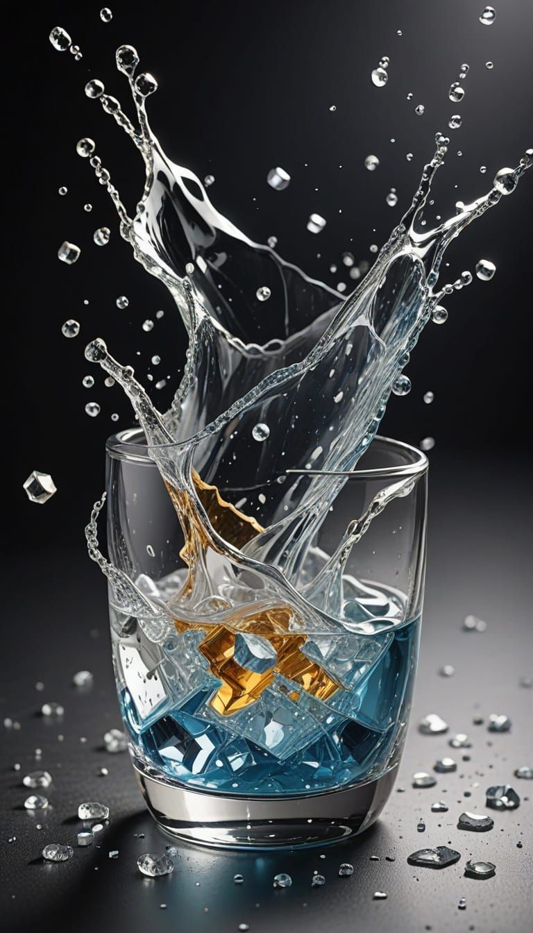 Glass of water exploding and water splashing out of it and turning into a million little stars planets and a universe