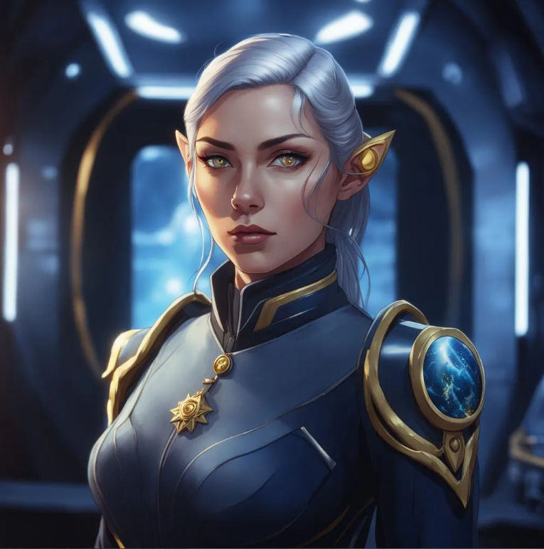 Adjust face and hair only. Keep features similiar. Black Hair, Gold eyes, same uniform, elven female, with elf ears, 