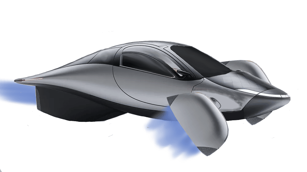 a silvery mirrored spaceship in the shape of a teardrop, Ion thrusters blue glow out of the back and on two piviot points off the front side...