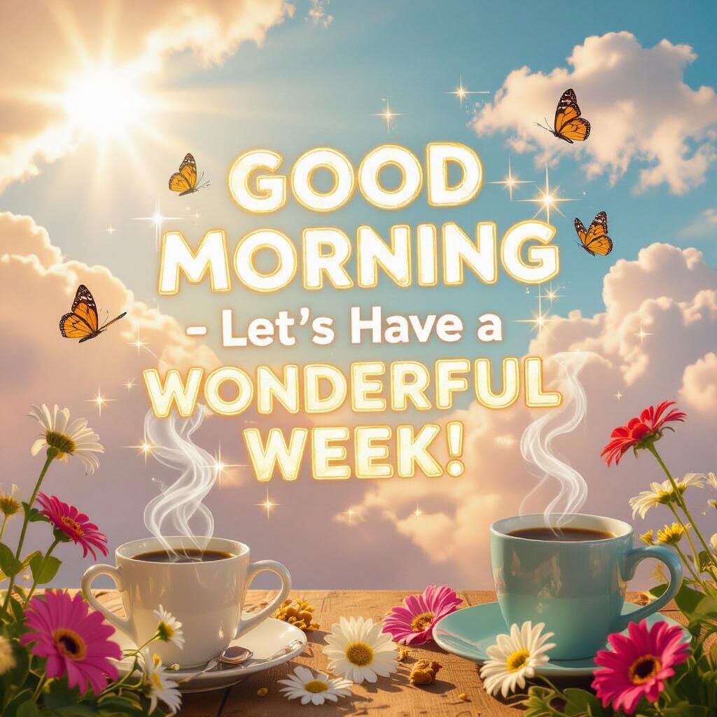 A vibrant, uplifting Monday morning scene filled with warm golden sunlight streaming through fluffy clouds, a cheerful s...