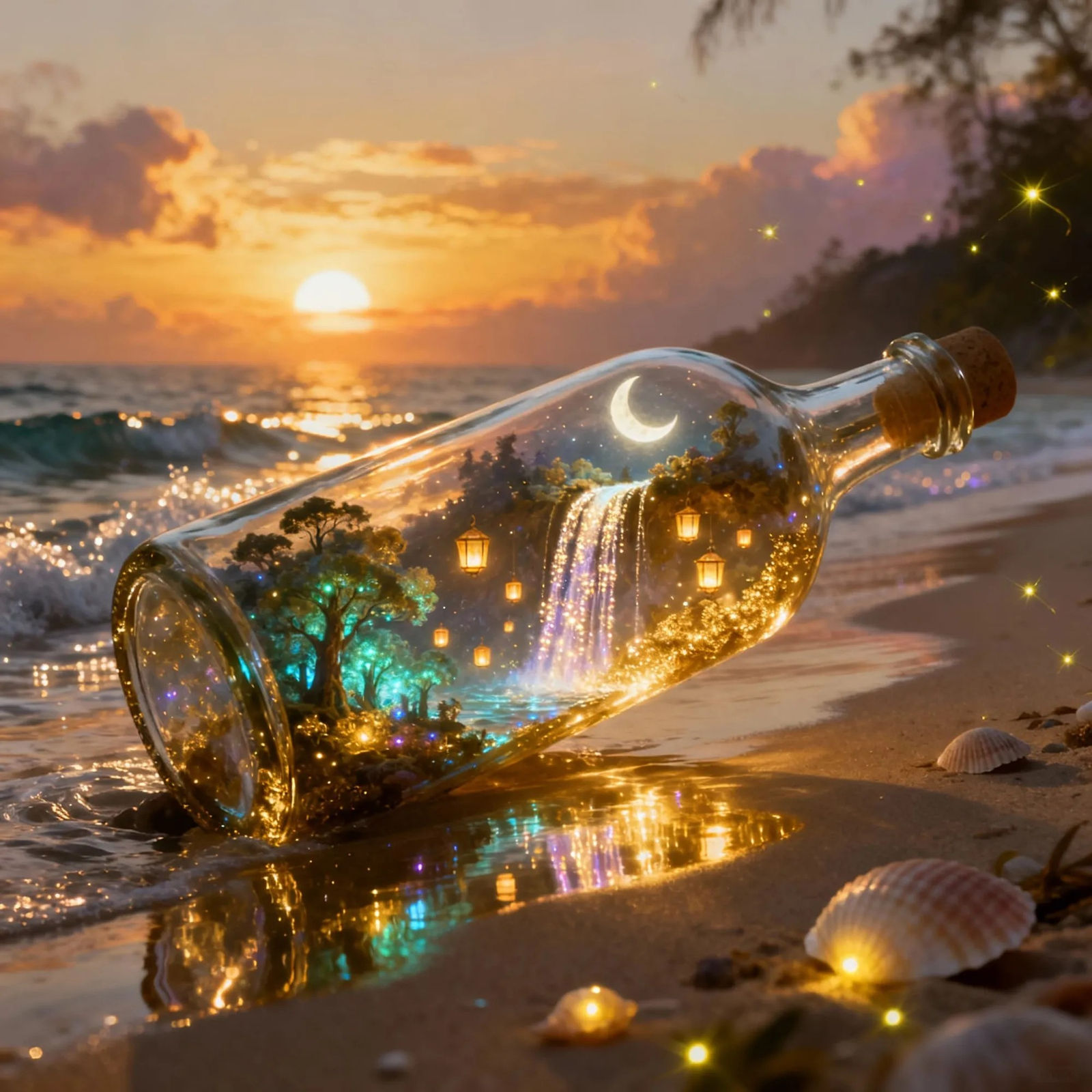 A giant, clear glass bottle washed up on a quiet beach at a golden sunset. Inside the bottle lies an entire, luminous mi...