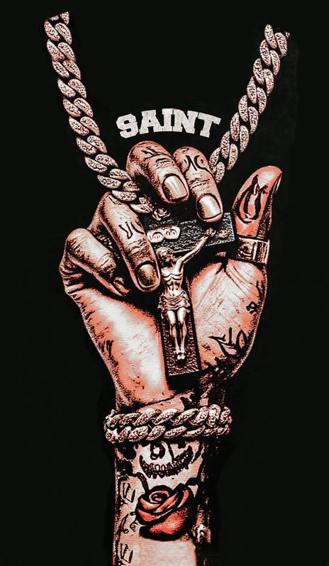 Create a highly detailed illustration of a hand holding a crucifix pendant on a thick chain, with the word 'SAINT' written above in bold let...