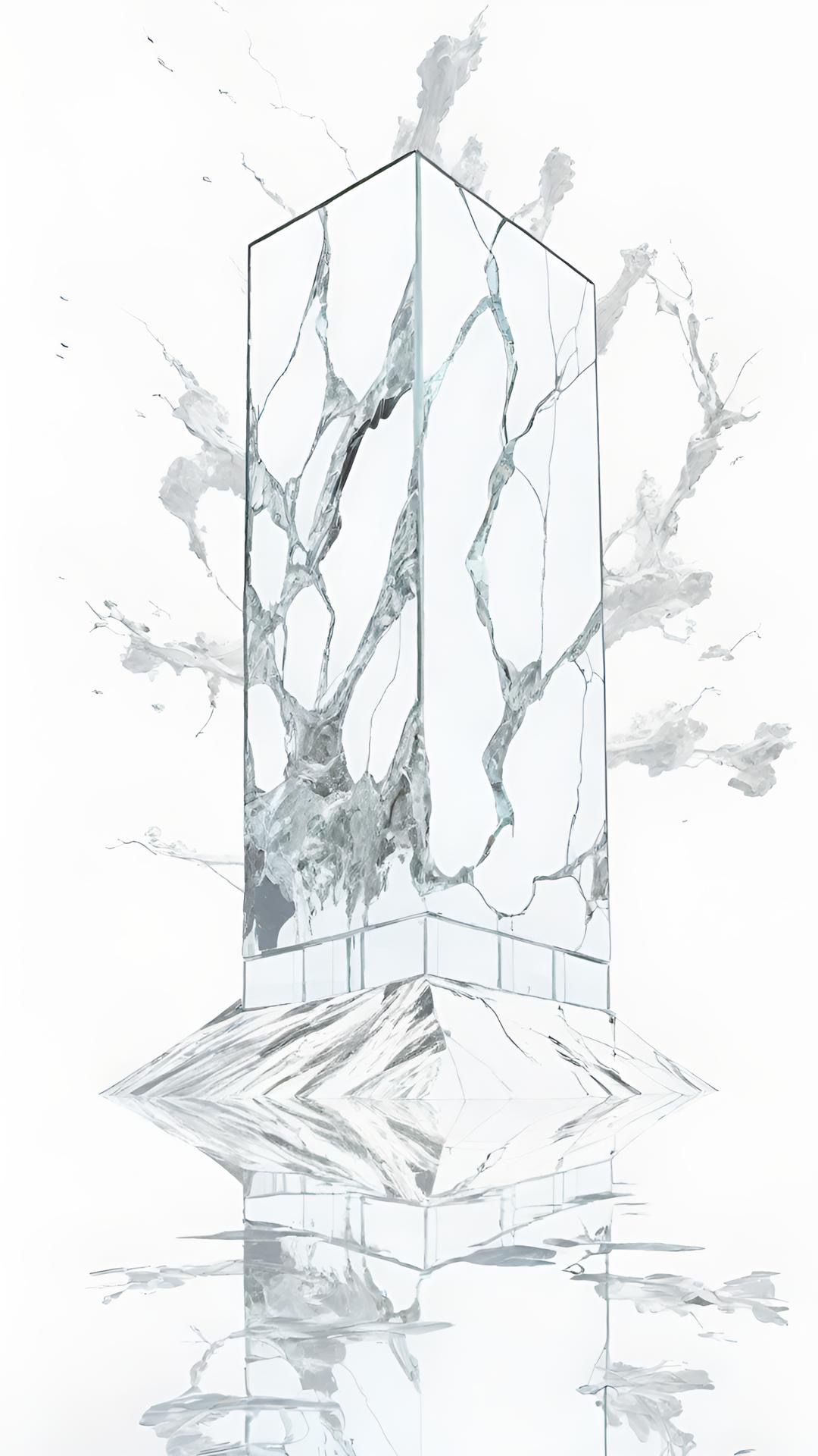 A strange monolith rising from a pool of black oil, reflecting a distorted sky of fractured glass. stark lighting, sharp shadows, alien land...