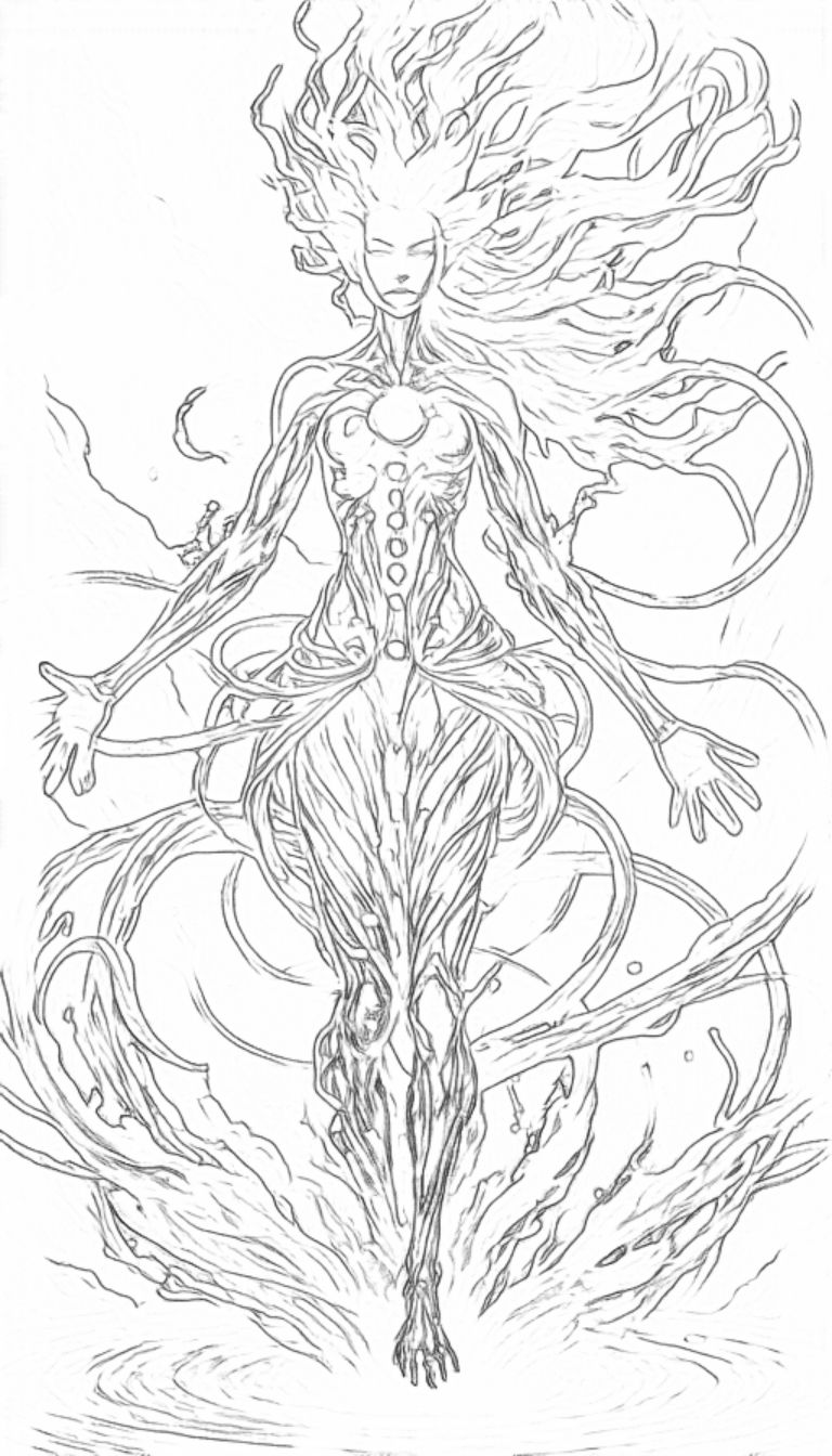 Elemental alchemist, limbs flowing between states of matter. Hair blazes with living flame, torso a swirling maelstrom, legs melt into mercu...