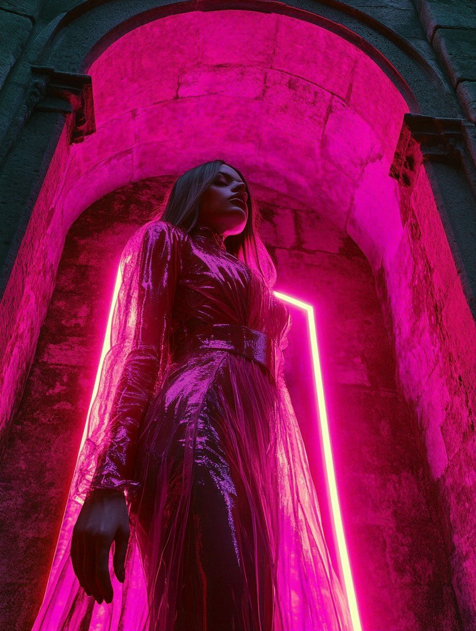 caramel skin black supermodel high fashison photo shoot  a bright colors and neon lights is a digital photography, in the style of dreamlik...