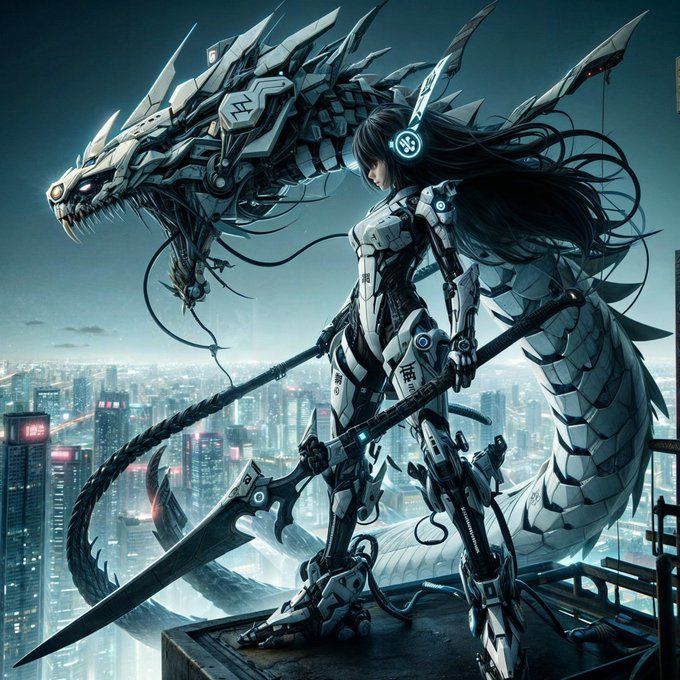 In a futuristic cityscape, a young woman stands confidently on a platform, her body encased in sleek, high-tech armor. She wields a sword th...