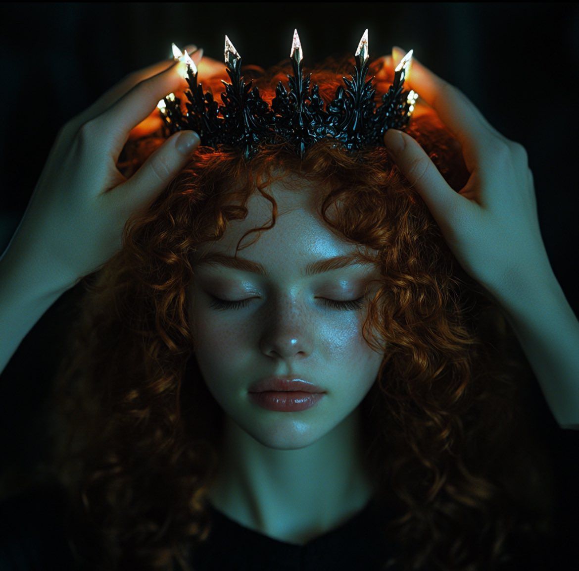 A young, pale-skinned African Americans woman with long, curly red hair wearing a crown of glowing lights on her head, her eyes closed in a...
