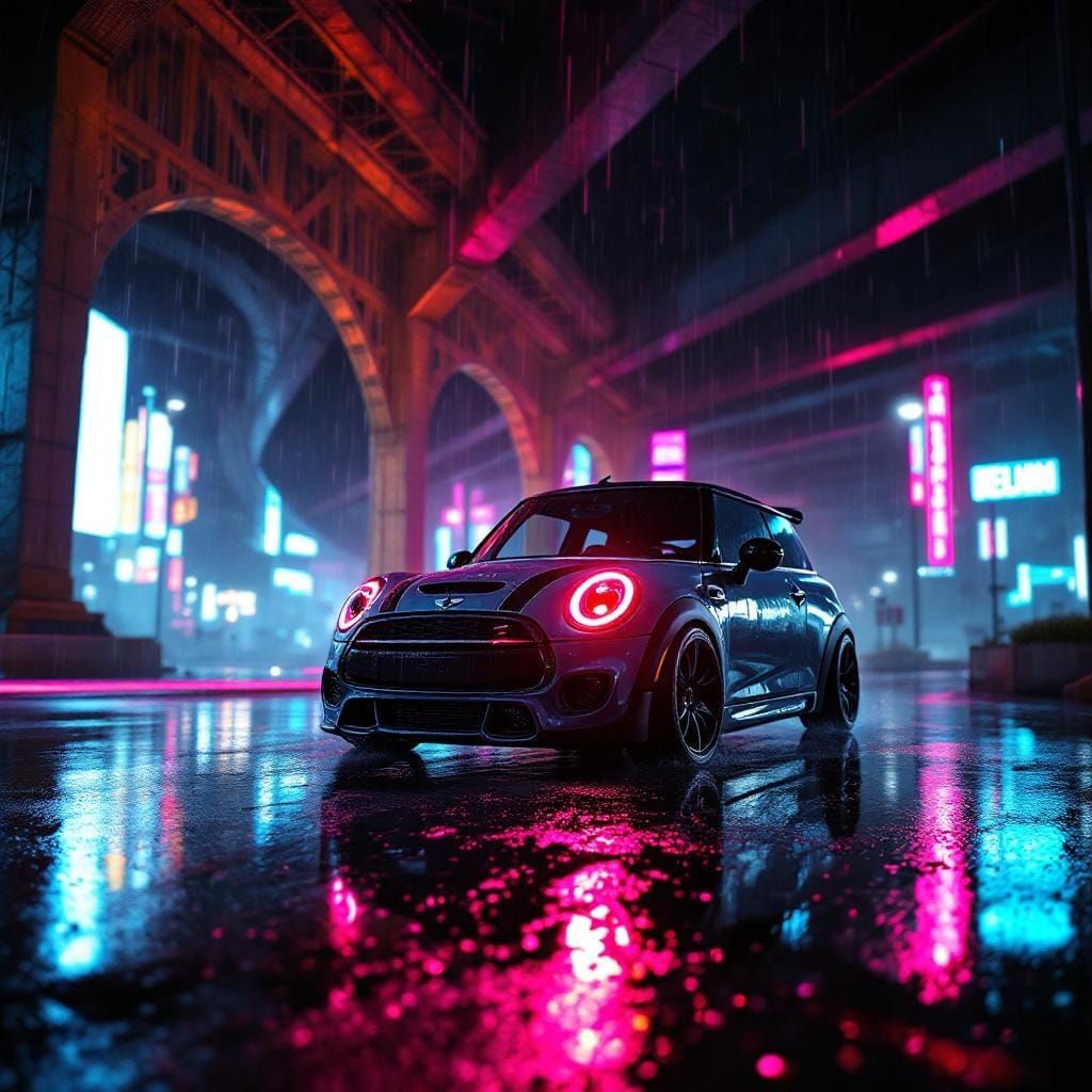 dark grey mini cooper jcw with headlights on, no stripes on hood, slowly driving under bridge in neon light, raining, lo...