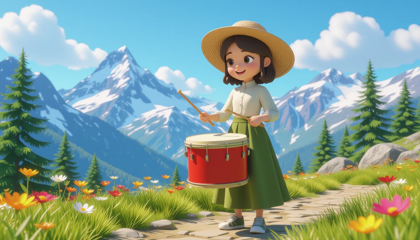 "3D cartoon-style girl in a modest outfit, standing on a scenic mountain path with flowers, grass, pine trees and snowy peaks. She has a sin...