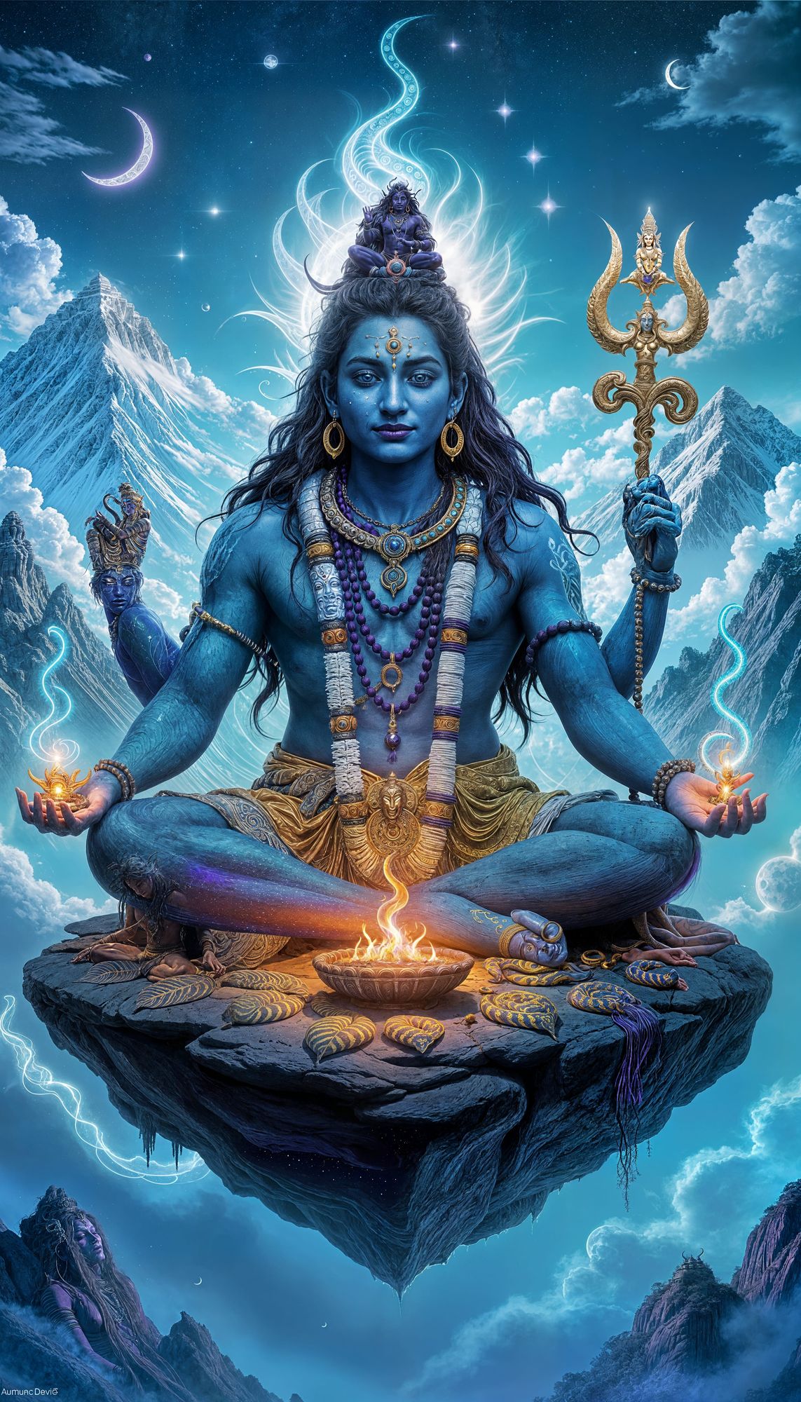 A surreal, ultra-detailed 16:9 4K divine artwork of Lord Shiva in deep cosmic meditation, floating on a sacred rock above the Himalayas, rad...