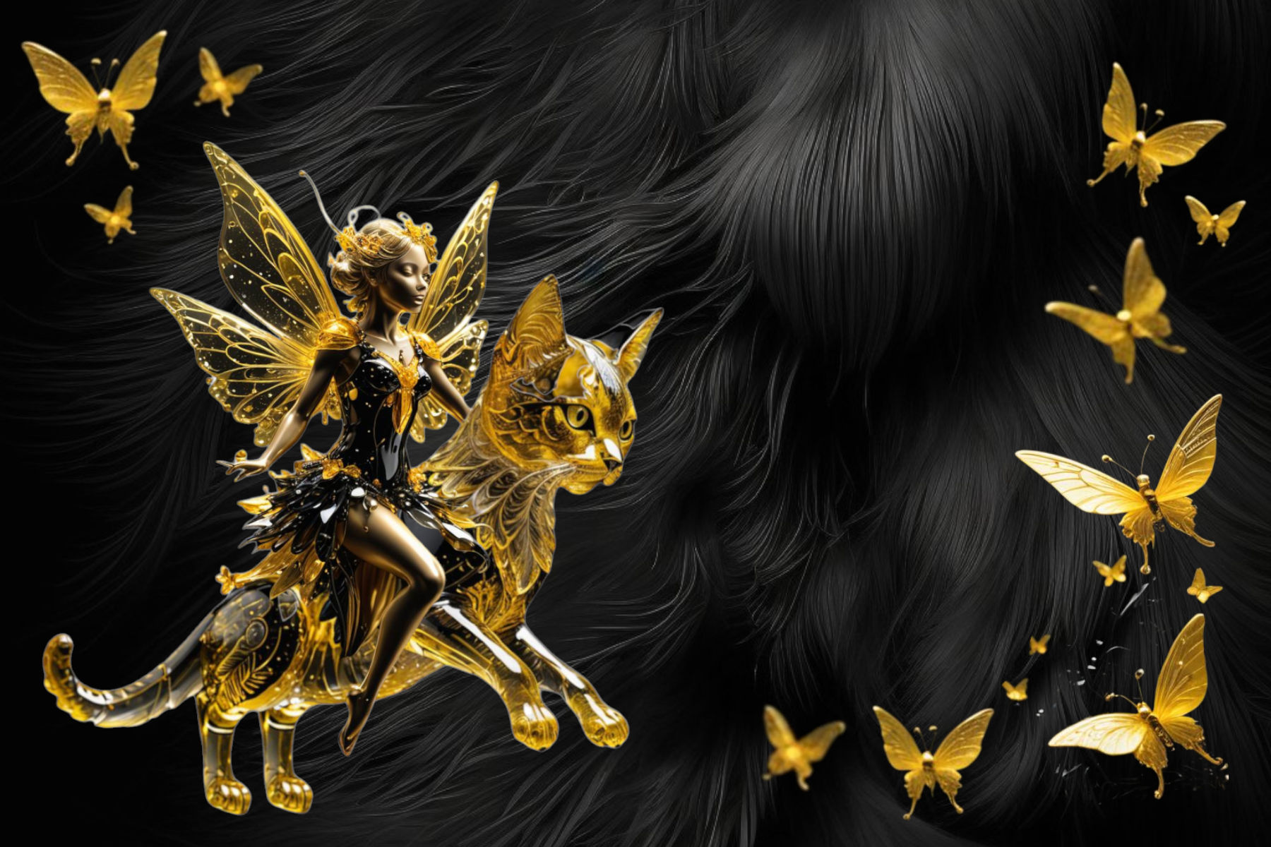 Extreme wide shot of a breathtaking, photo 3D depiction of an epic fairy, riding a mystical cat-like creature, crafted entirely from intrica...