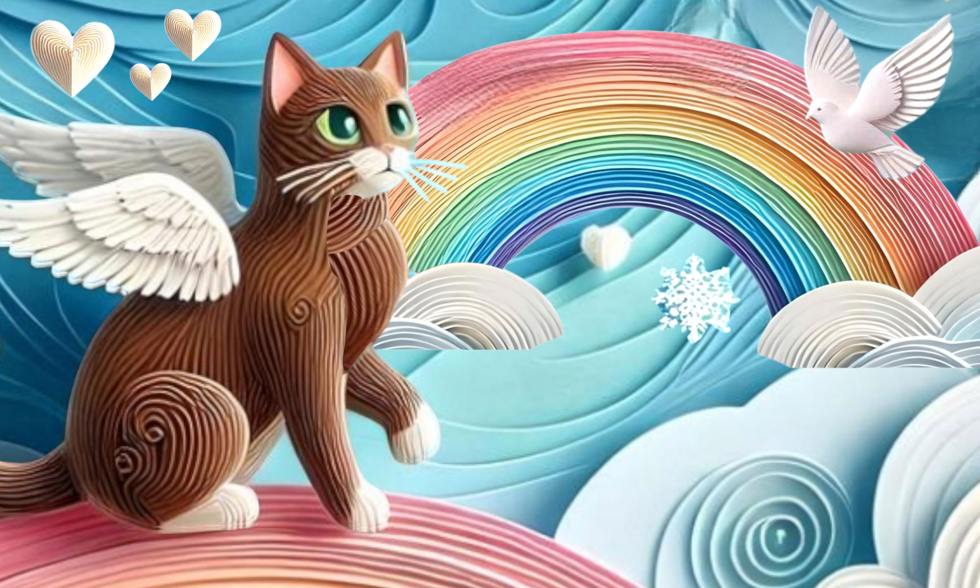 Paper cutout art masterpiece. Medium shot. One stick-figure adult BROWN TABBY CAT, brown chest, brown neck, EXCLUDE WHITE, pale green eyes,...