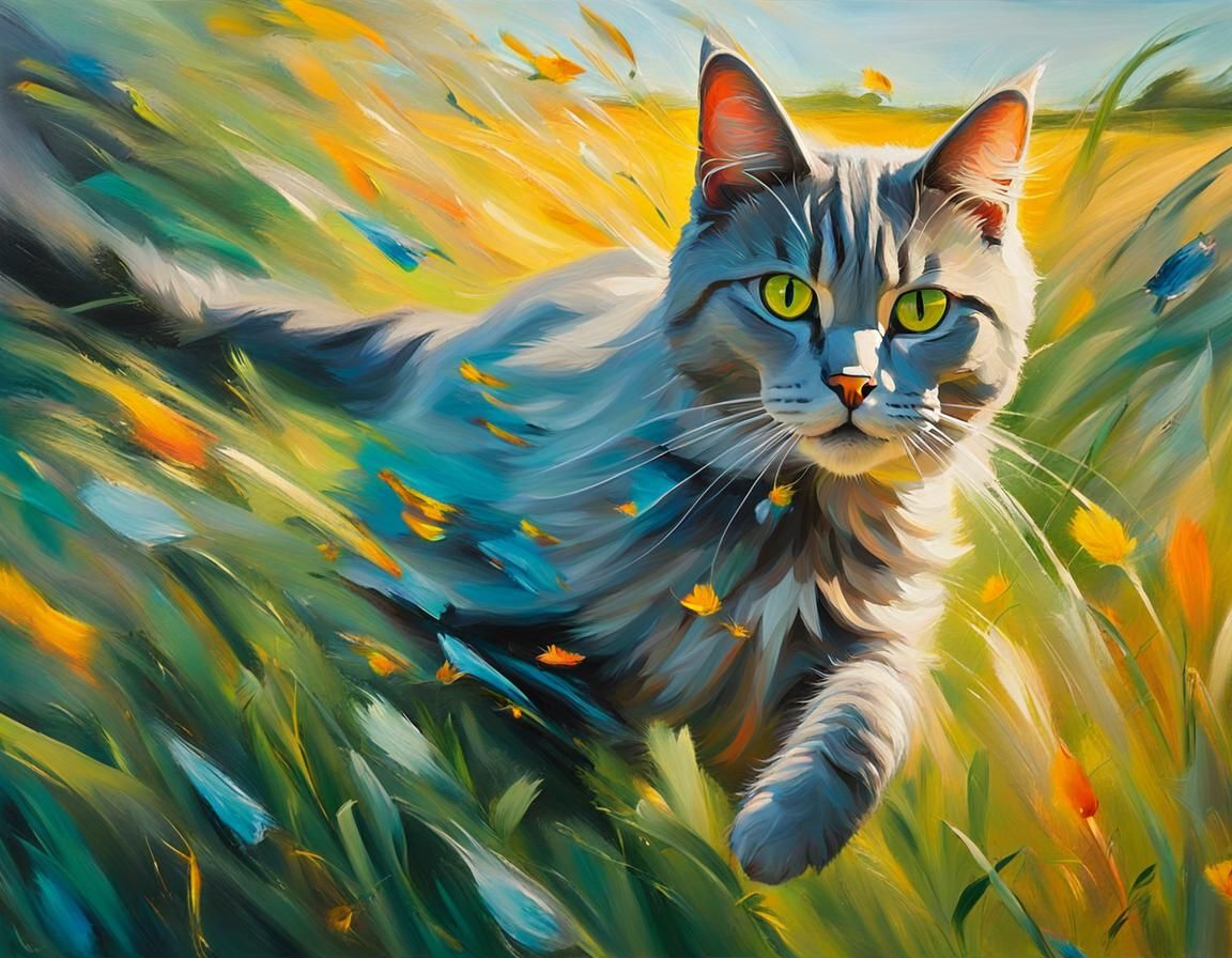 A long-haired dark gray tabby cat, mid-pounce, exaggerated motion, expressionist painting with heavy bold brush strokes, background abstract...