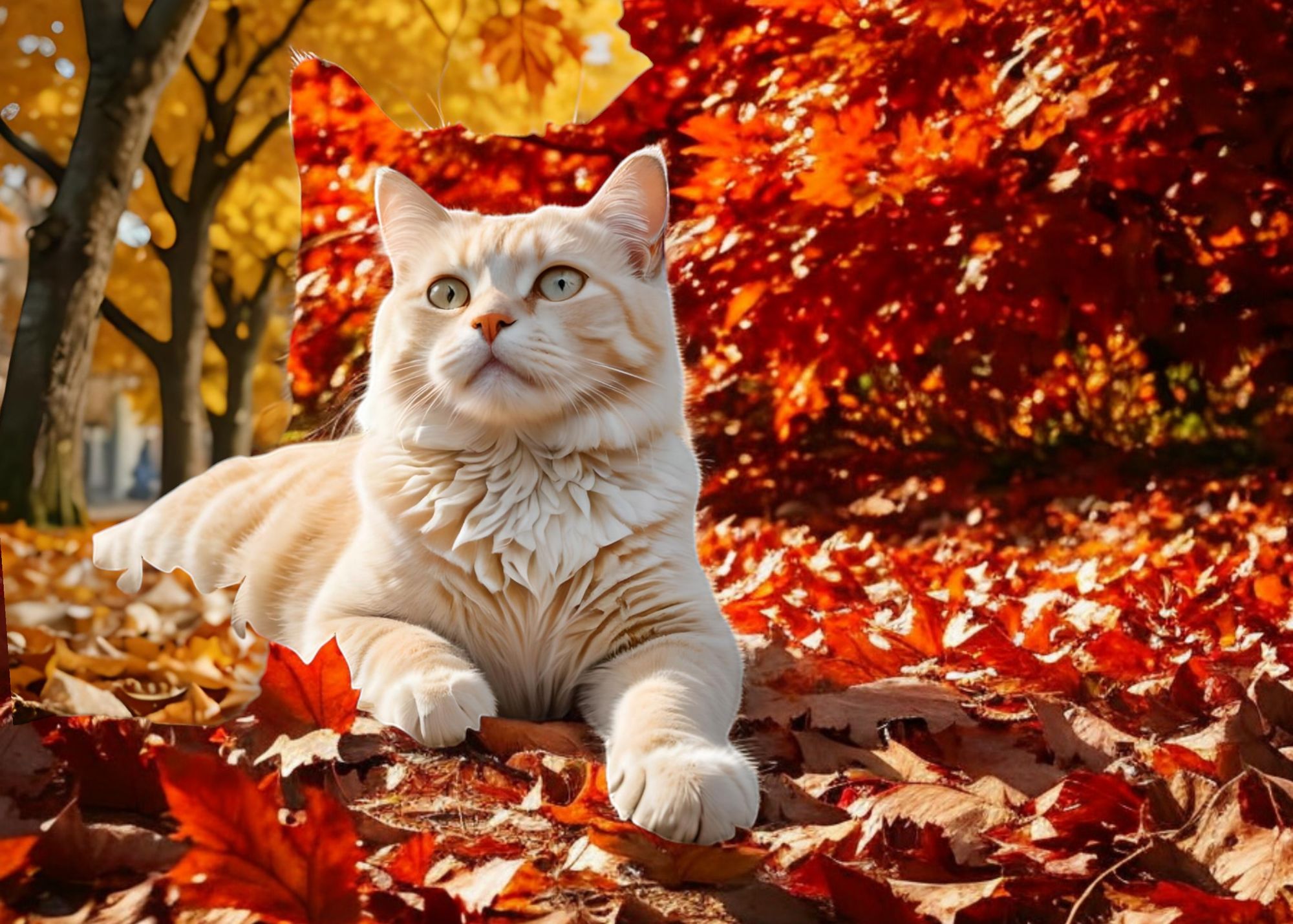 A very light blonde cat laying in a pile of fall leaves with tall trees in the backgrounds, fall leaves floating in the air