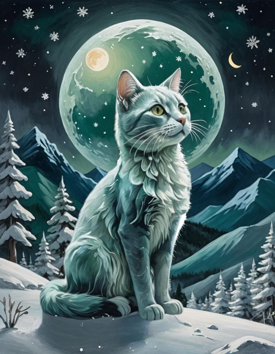 A black kirigami Cat, with a fancy crimson collar, on a dark crimson midnight sky with a big full moon, a snowy landscape with large glowing...