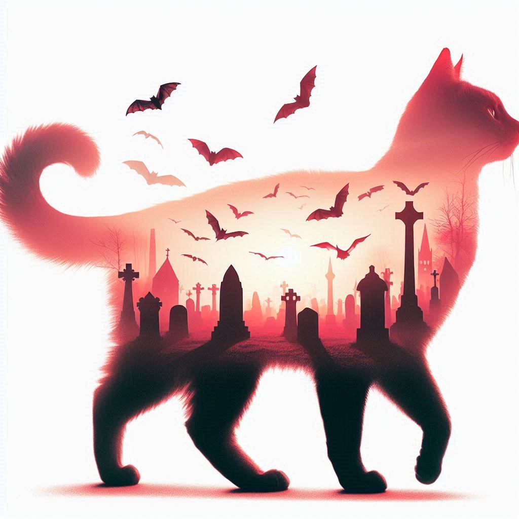 (Double exposure effect:1.3) of (a graveyard with cats  bats, fog:1.2) (silhouette:1.1) superimposed against (a giant cat walking leisurely...