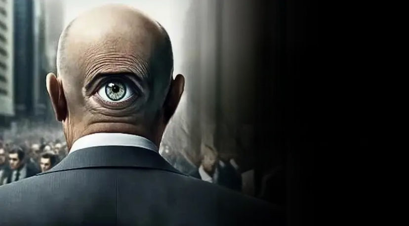 un homme chauve de dos, habillé en costume, avec un grand œil unique au milieu de l'arrière de sa tête. En arrière-plan, il y a une foule de...