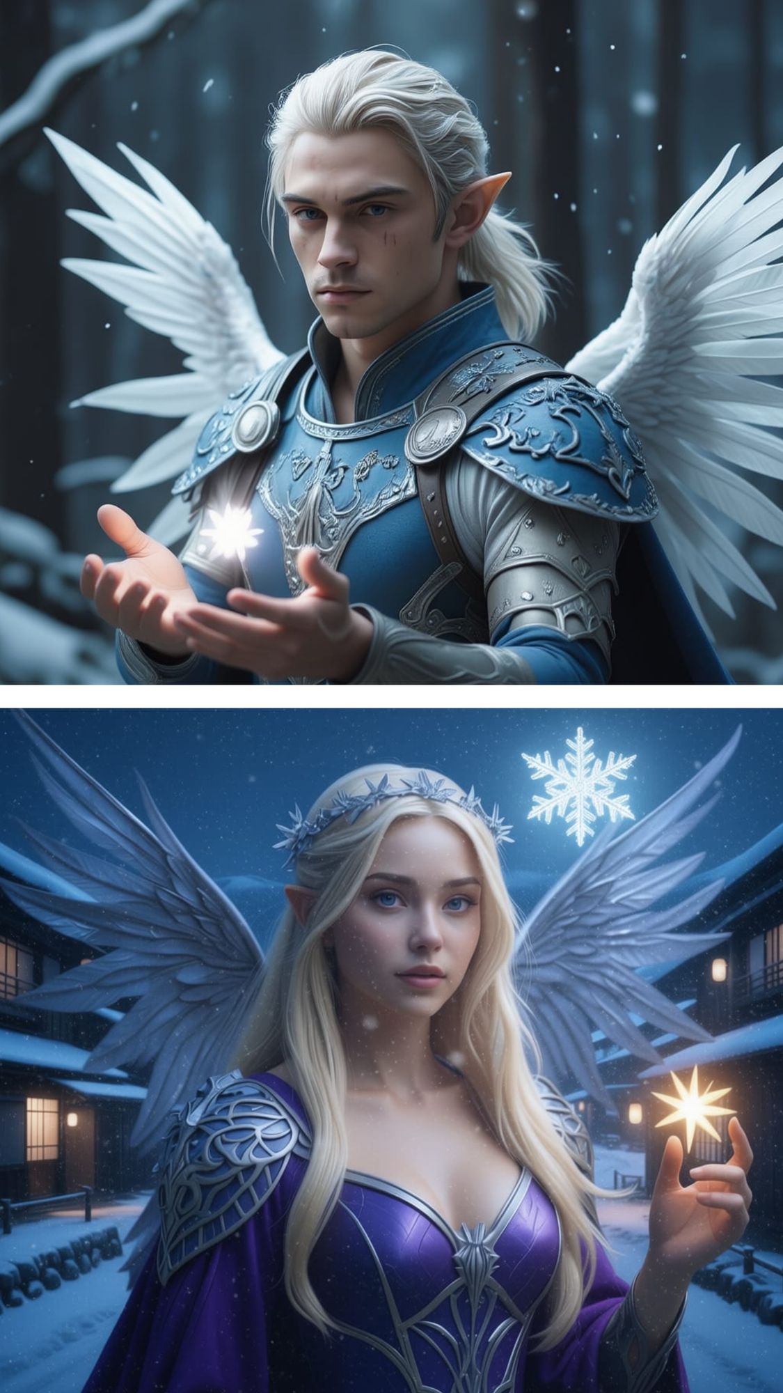 Male and female fairy standing  beside each other surrounded with snowflakes looking looking into a cozy living room window with a Christmas...