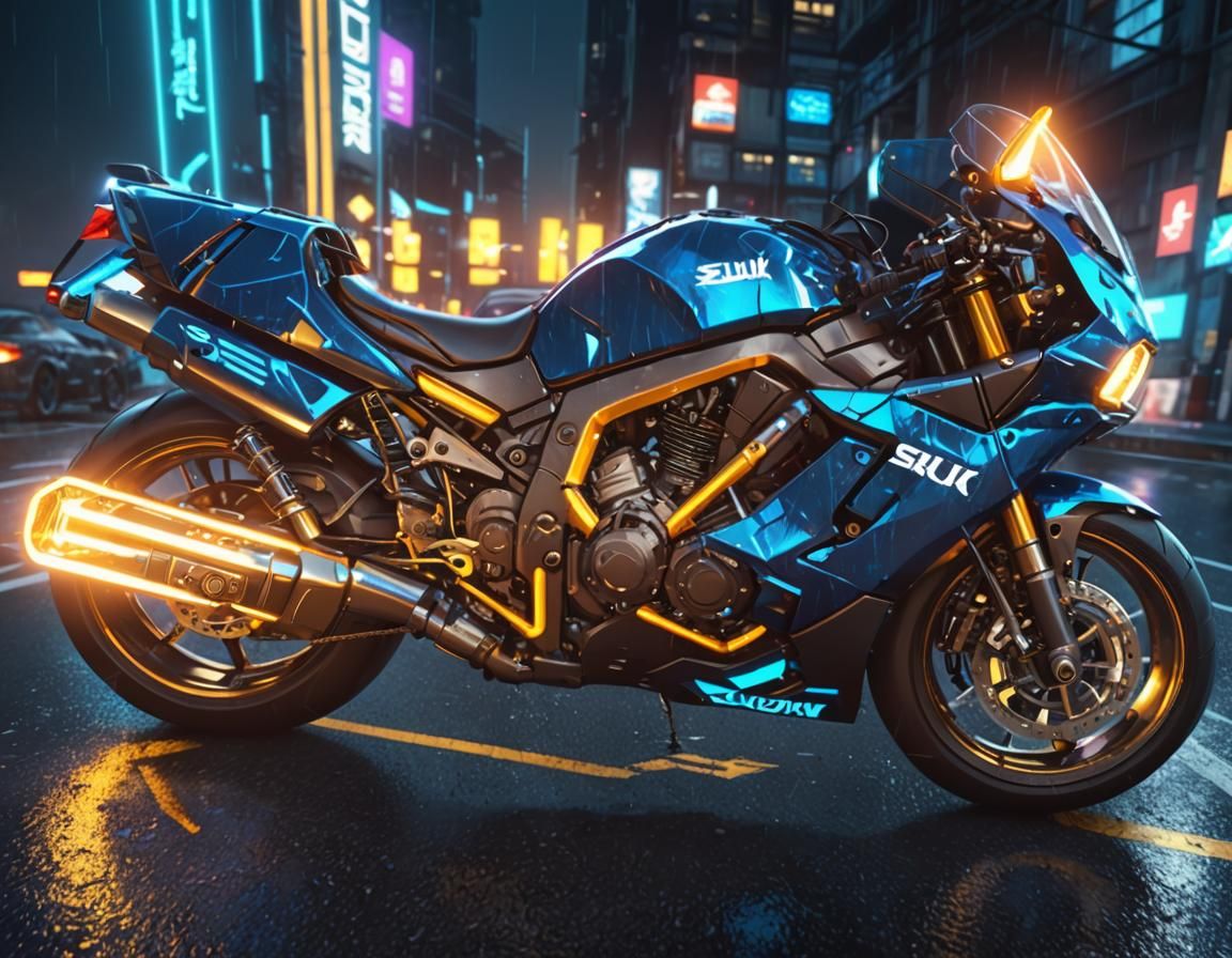 Moto sportive Suzuki bleue fantasy monstre mécanique 