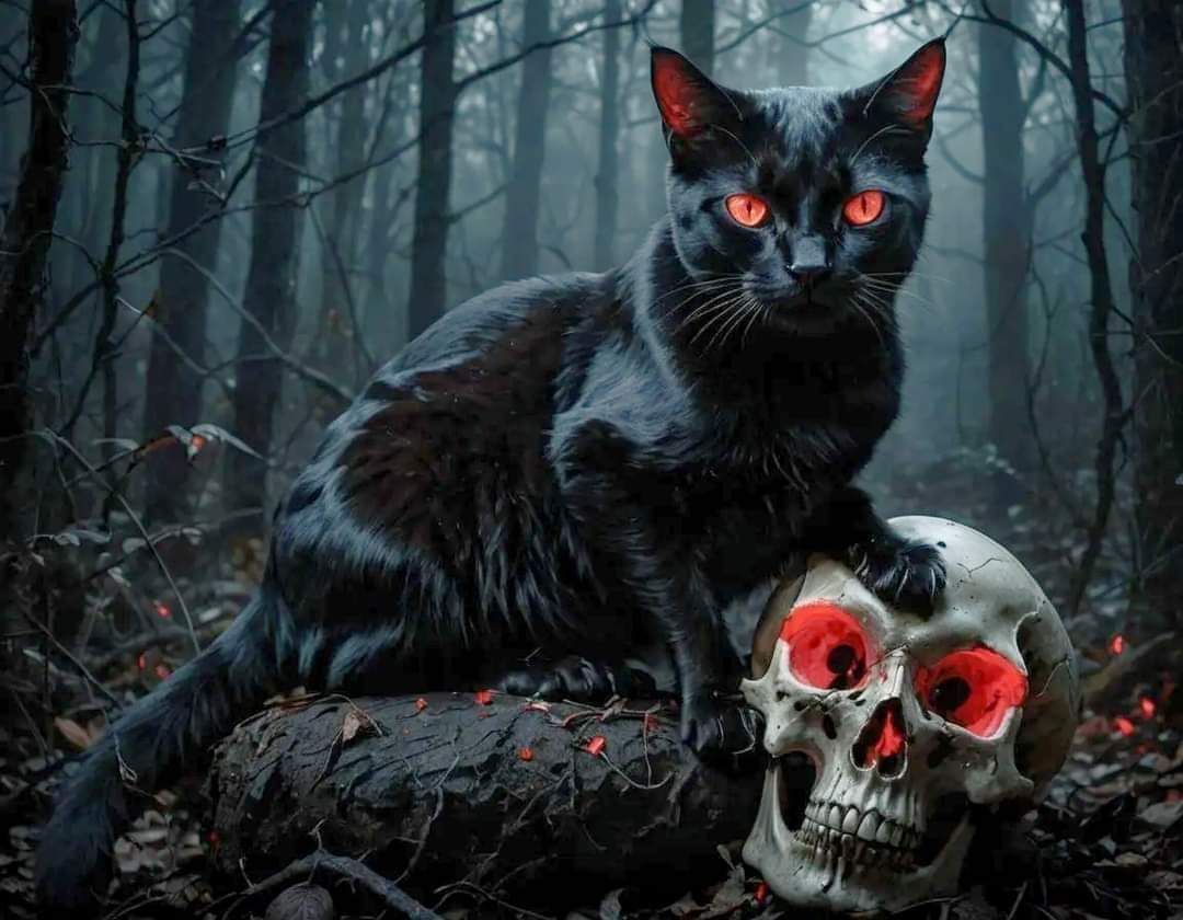 Gros chat noir halloween skull yeux rouges forêt 