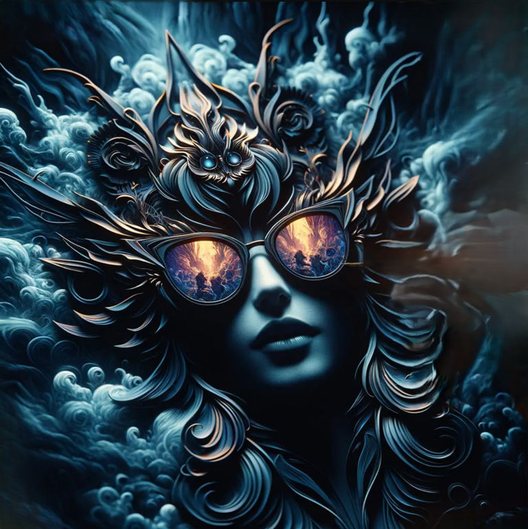 Gorgeous lady face emerges from the flat surface like she is stepping out of the paper. Smoke is shimmering around her f...