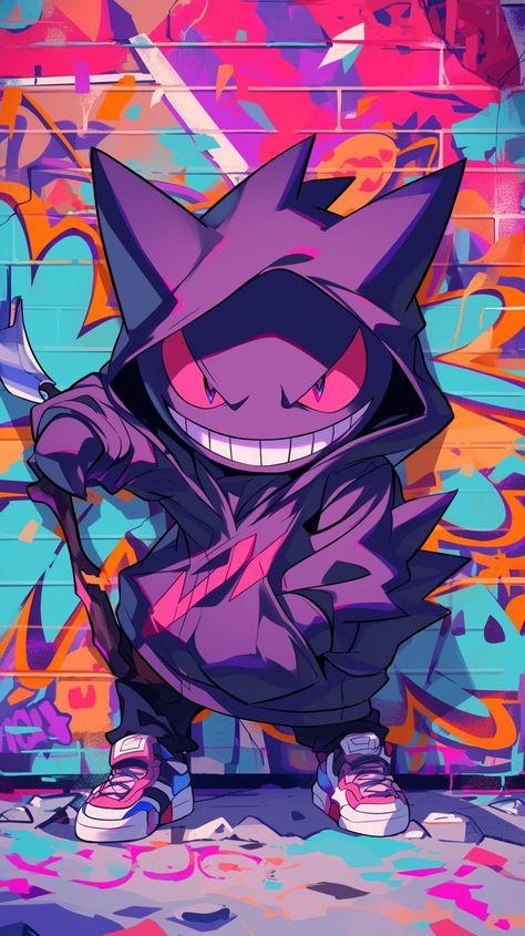 The Pokemon Gengar in a black nike tech with a cigar in his mouth and a pack of grape backwoods in his other hand