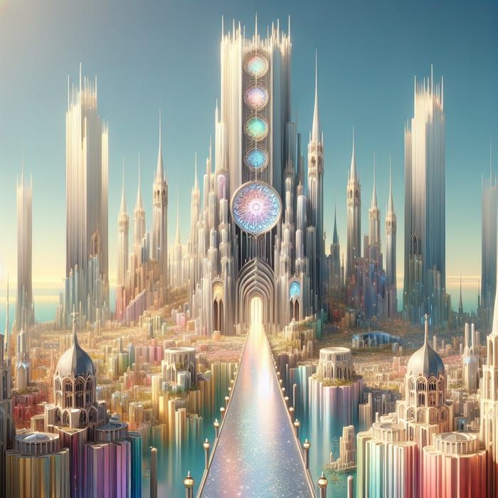 Immerse yourself in a grand fantasy world featuring a city with tall structures, each donned in different hues of pastel colors. The citysca...