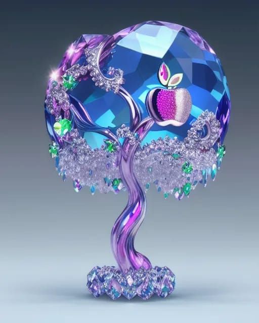 magnificent Swarovski polished crystal fruit tree, with green leaves and brown branches, and laden with red crystal apples, analogous colors...