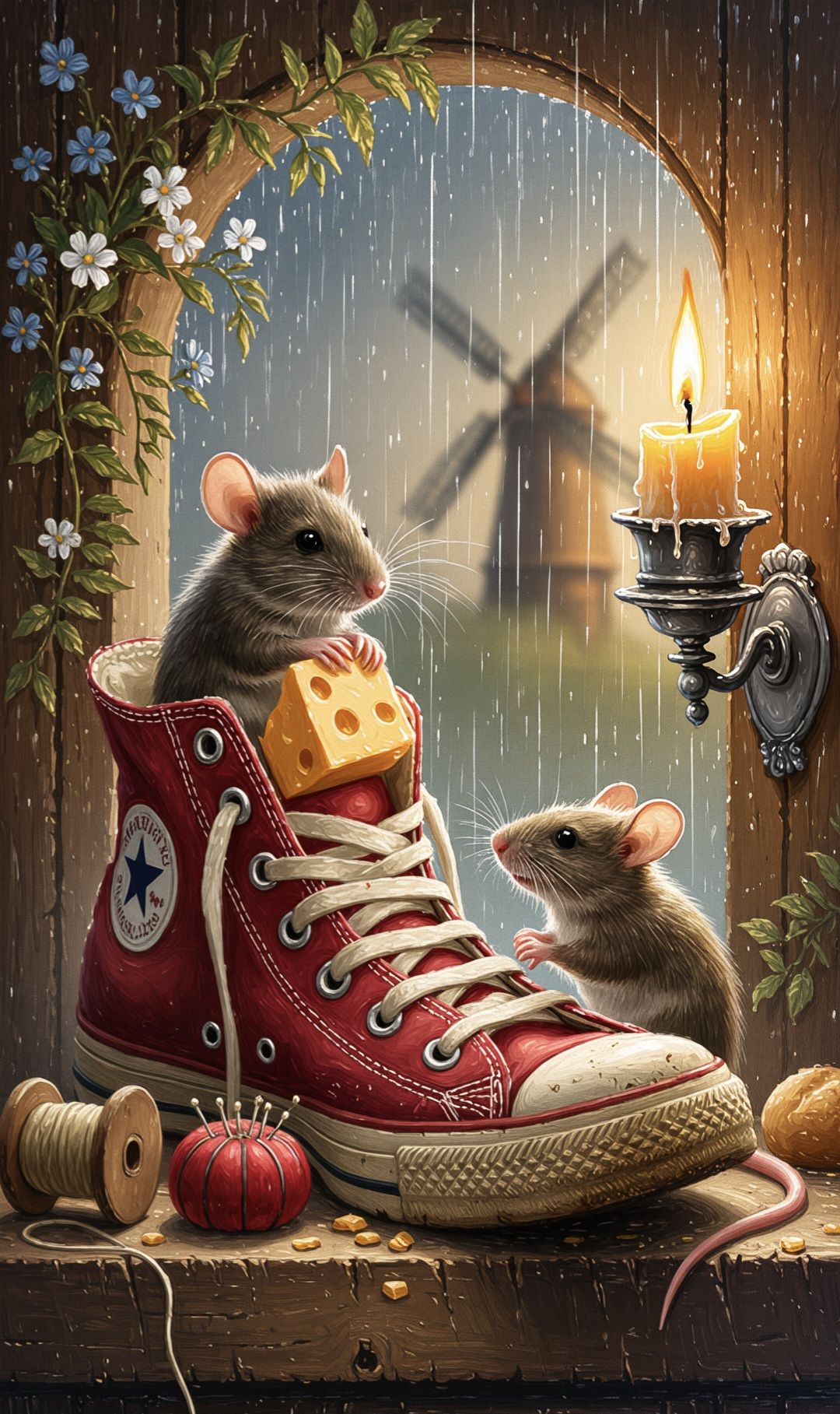 “Cozy Curiosity: Mice in the Rainy Window Sneaker” 2