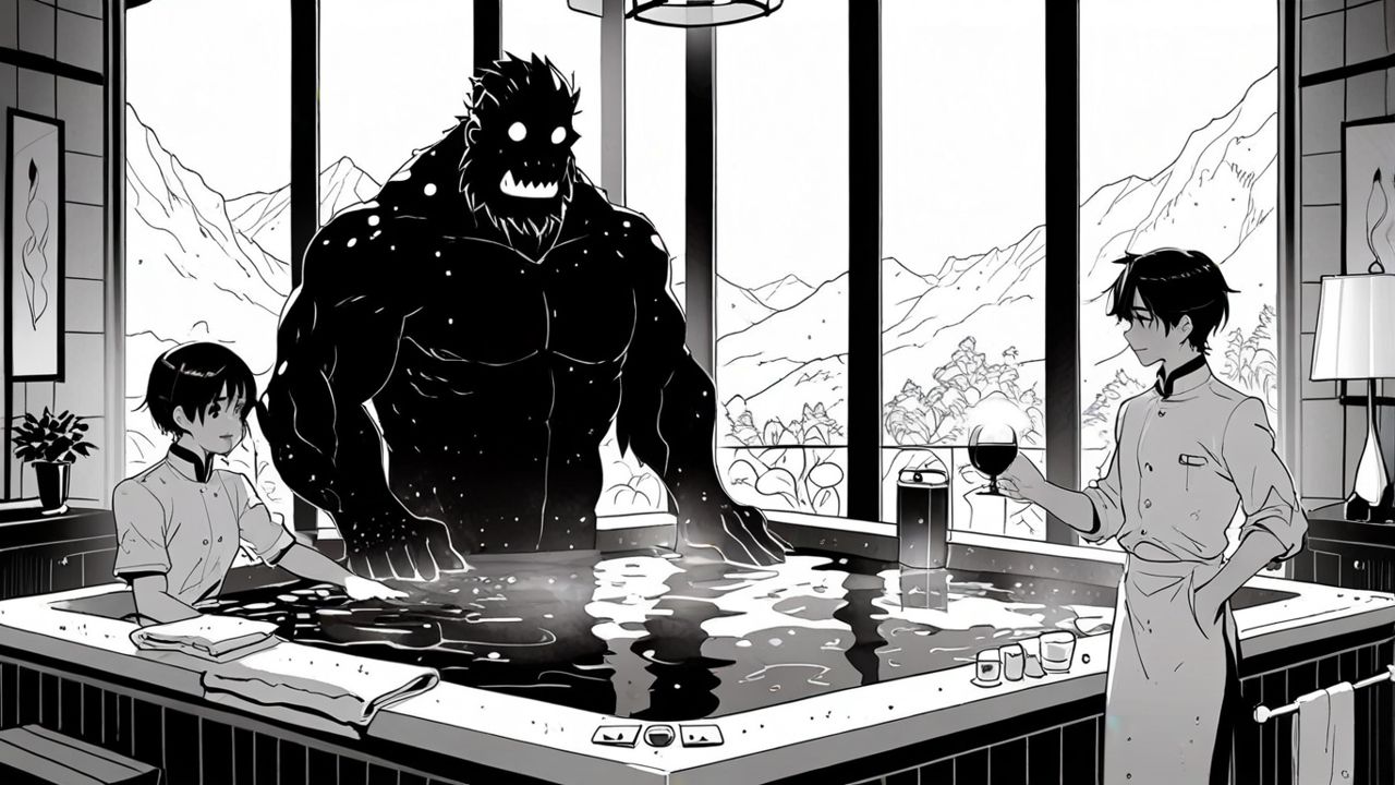 Anime-style luxurious mountain spa scene. A large cute monster relaxes proudly inside a huge steaming hot tub, colorful scales glowing softl...