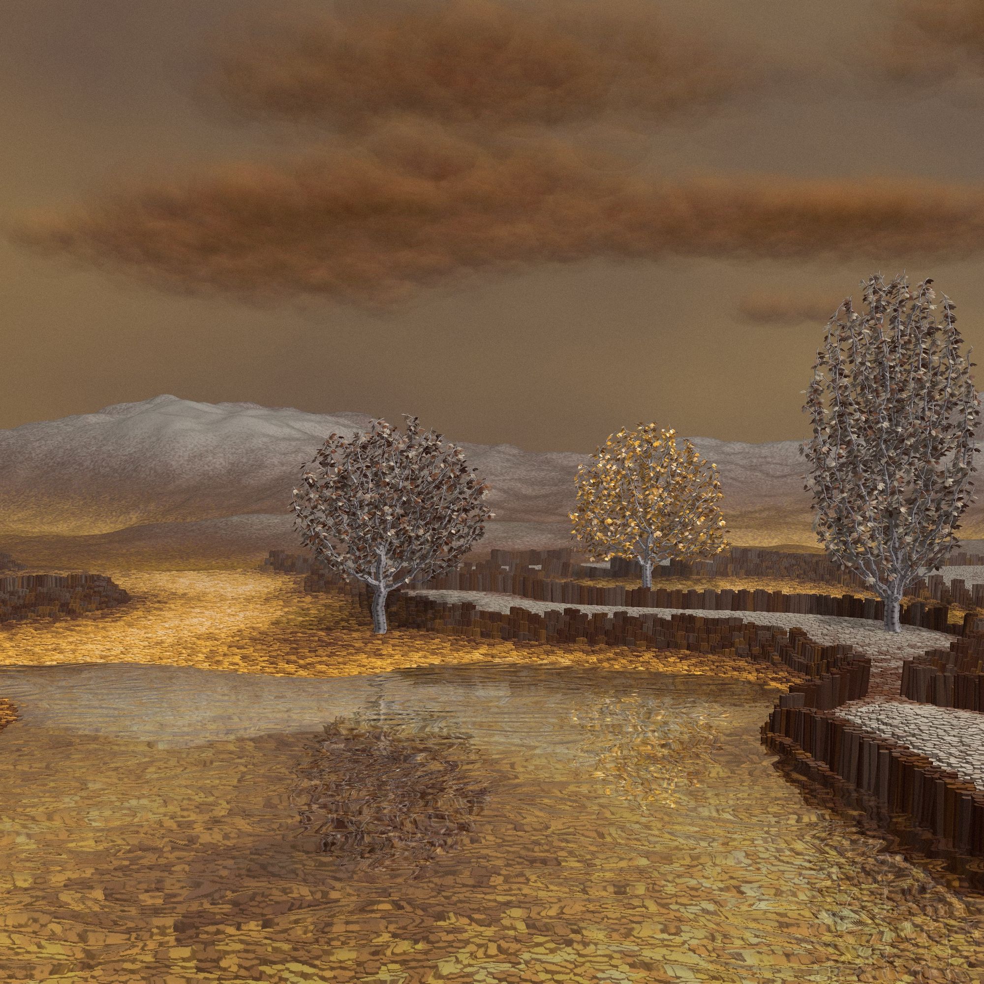 Hyper realistic landscape with trees, clouds, pond, reflex on water, shadows