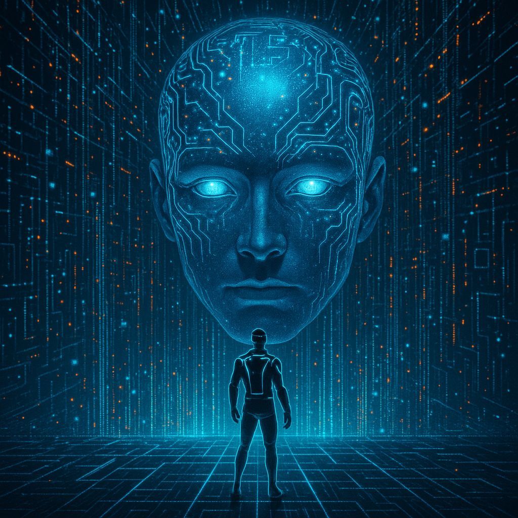 the virtual avatar of the hero meets a superintelligent artificial intelligence in a metaverse environment visuall representing data process...