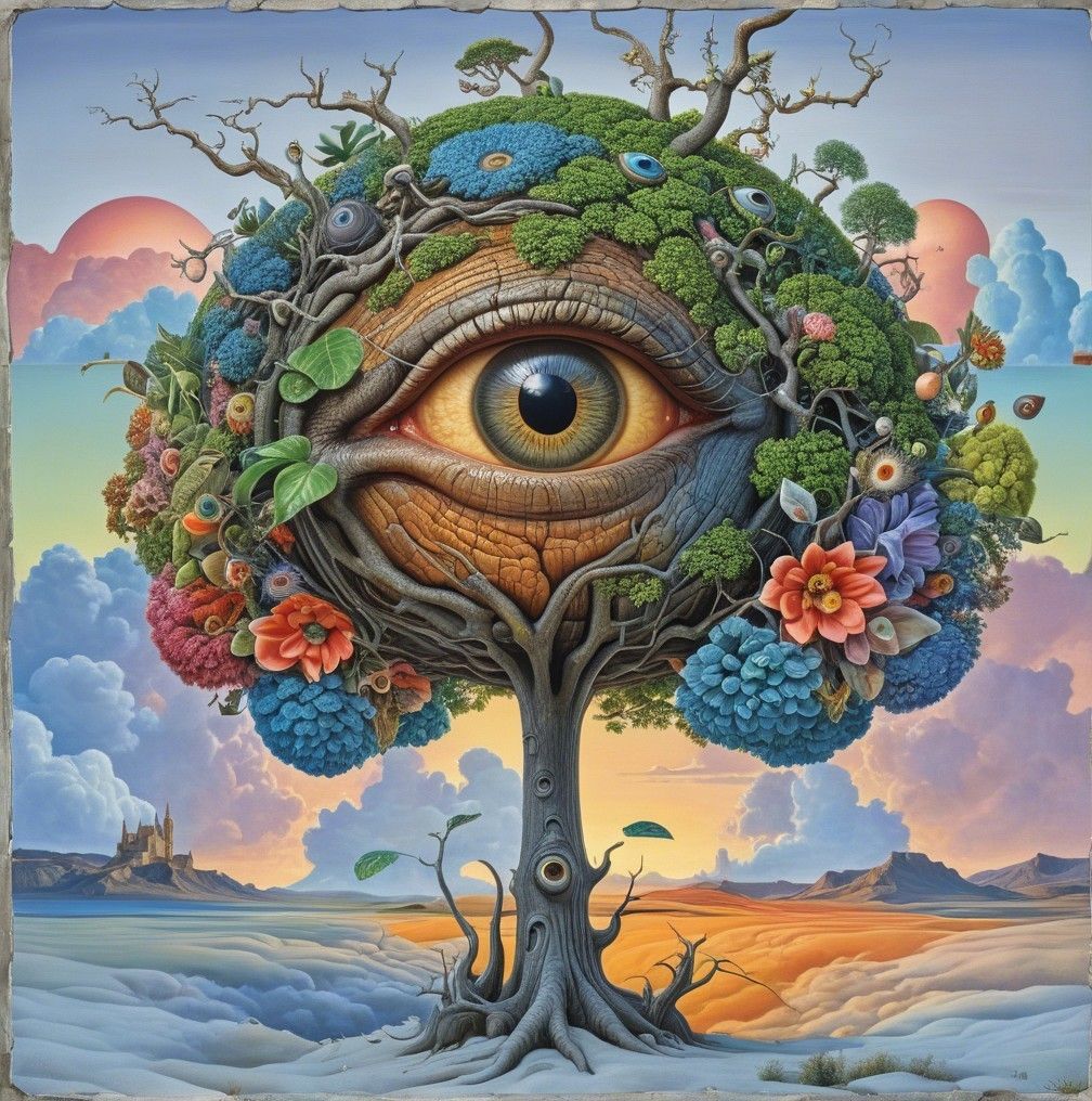 A huge eyeball growing in a giant tree, surrealism, weird plants, whimsical, highly detailed, elegant, fantasy, colourful, gothic, dreamlike...