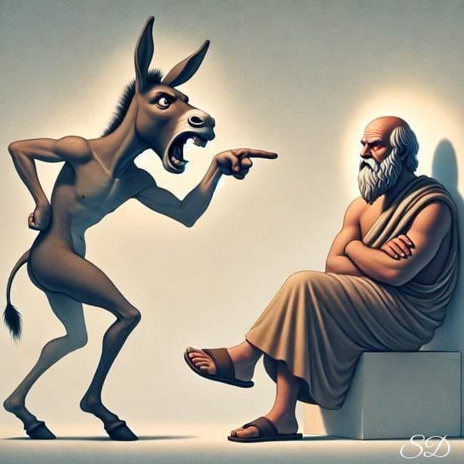 funny cartoon anime, the Greek philosophe Socrates debate with a donkey, the donkey looks unhappy, dressed in a suit and tie and wearing gla...
