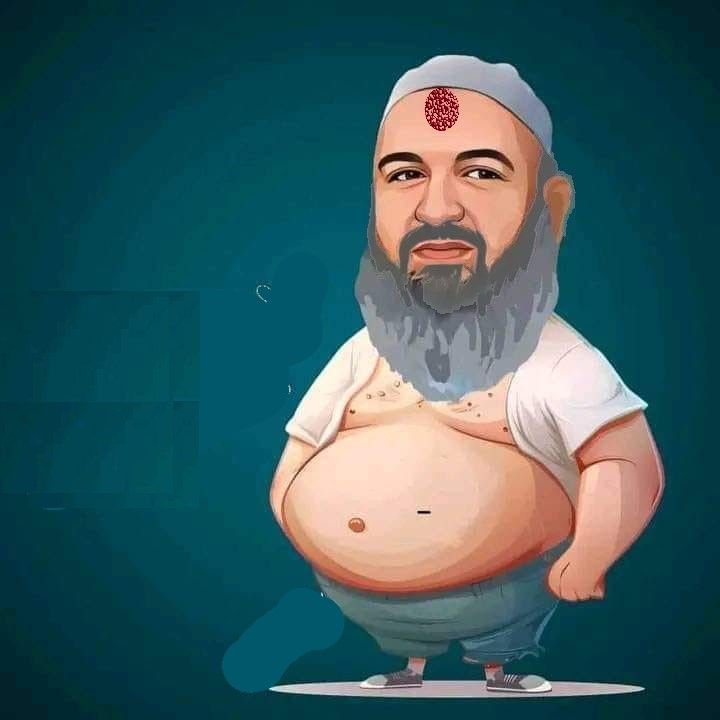 funny cartoon anime, a funny ugly bald bearded Salafist religious man with a stamp on his forehead, a kippah on his head, a golden watch on...