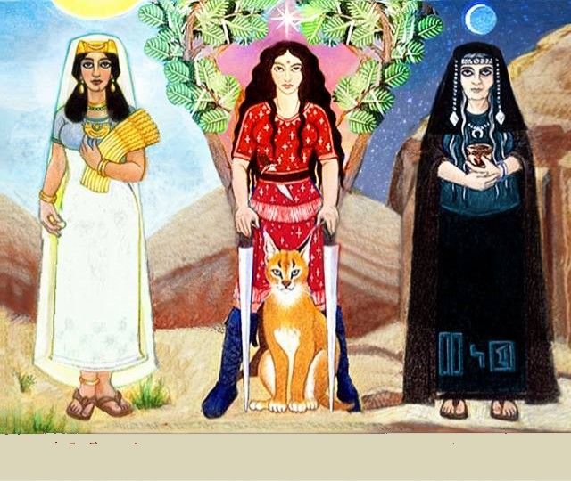 the three sacred trinity Nabatians goddesses of the ancient Petra , Allât , Uzza and Manat. 128k resolution, trending on art-station, sharp...