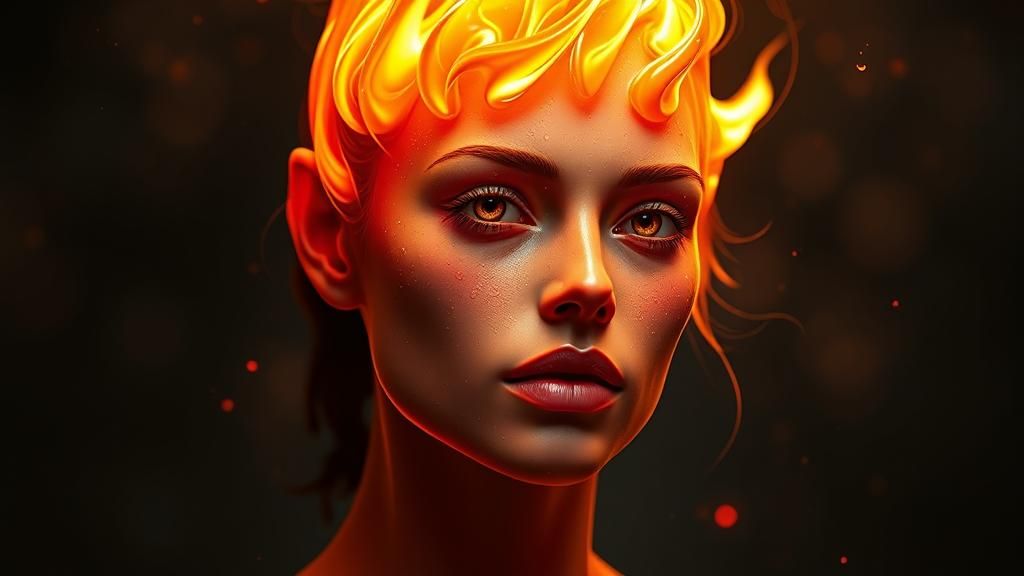 a wax candle, that have a form of a pretty and attractive woman, shining face and burning head, by the style of Luis Royo, Amanda Sage head...