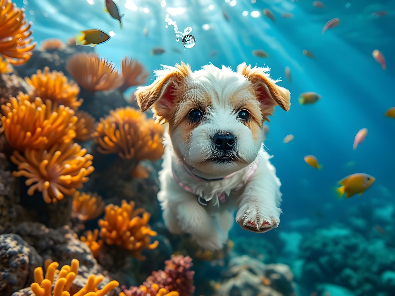 The camera frame follows the cute puppy to swim toward us