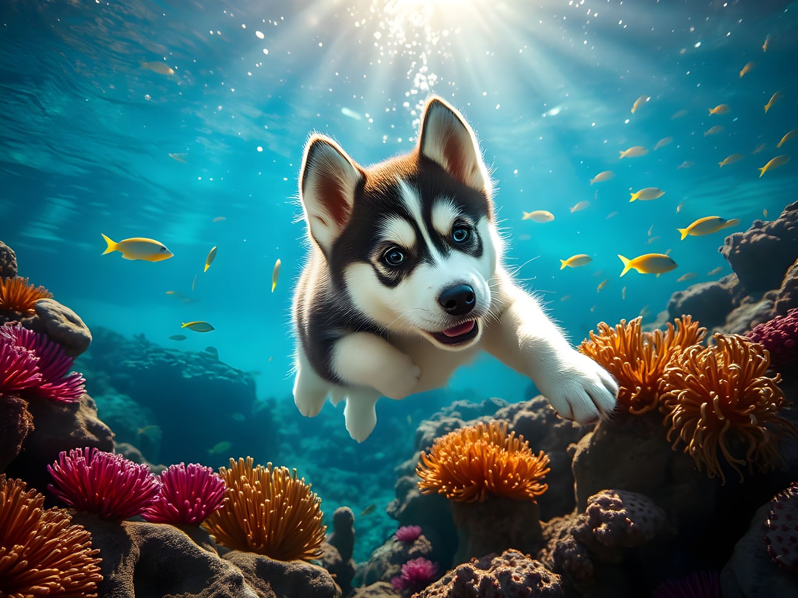 The camera frame follows the cute puppy to swim toward us