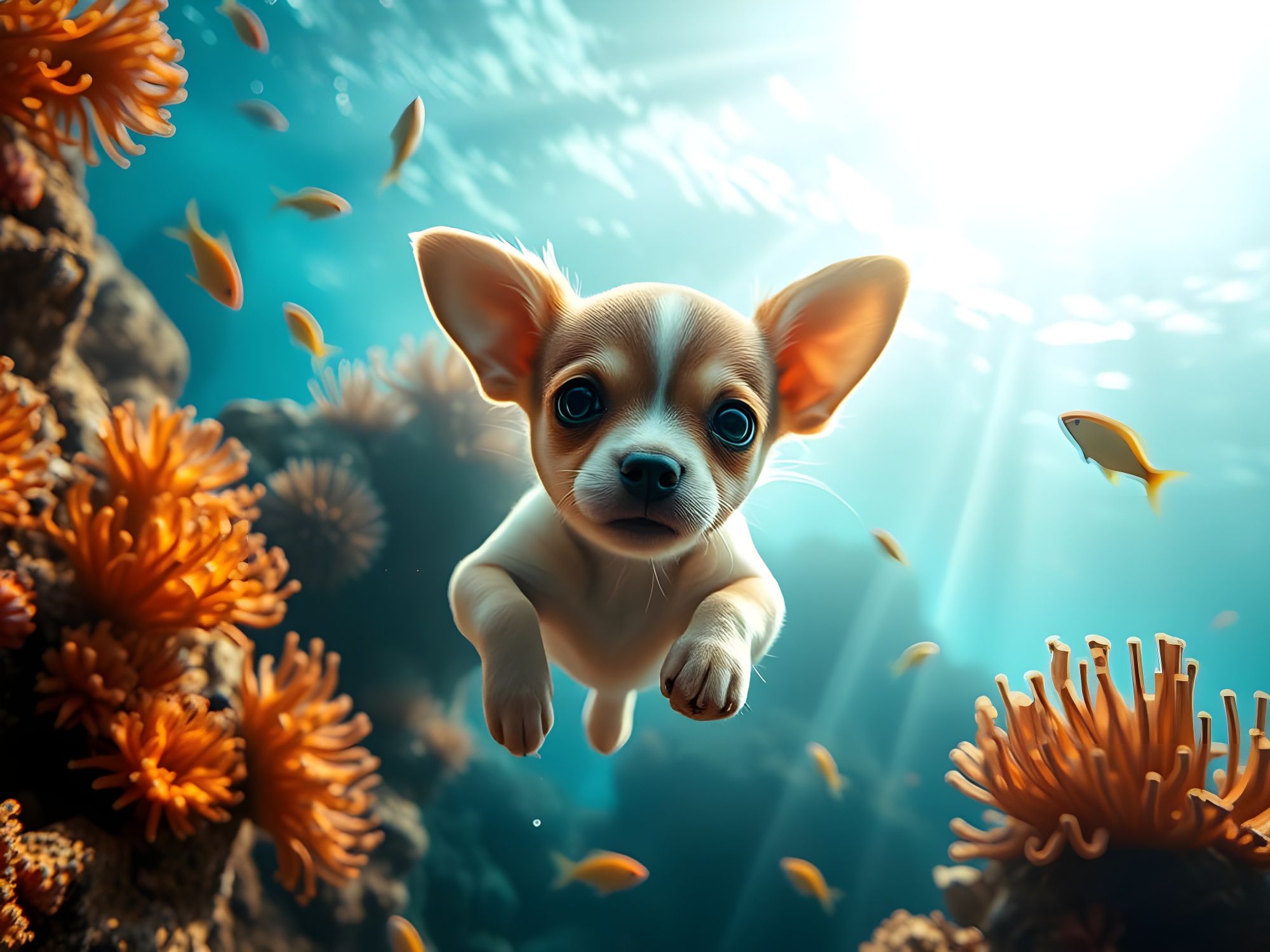 The camera frame follows the cute puppy to swim toward us
